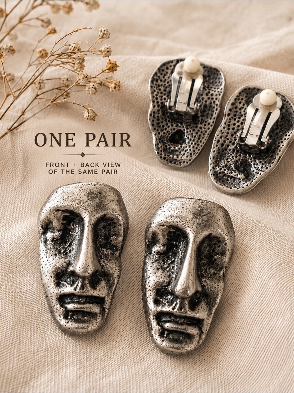Silver Abstract Face Clip On Earrings | Artsy Statement Festival Unique Jewelry